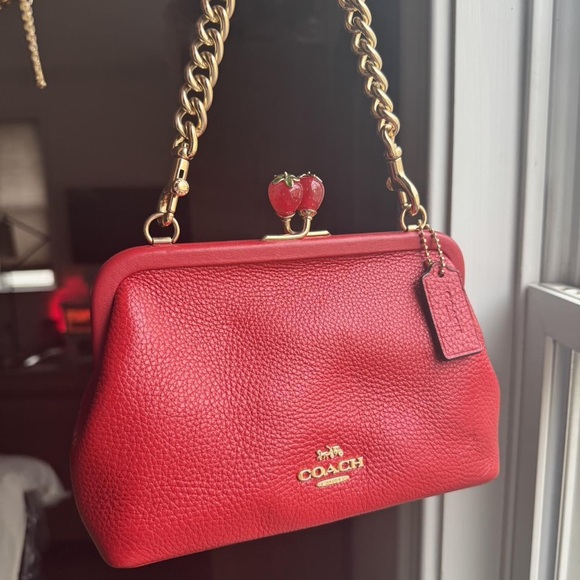 Coach Cherry Red Leather Clutch with Gold Chain